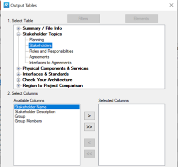 Screenshot of the Output Tables menu in RAD-IT with the Stakeholders table highlighted and shows the selected columns as Stakeholder Name, Description, Group, and Group members.