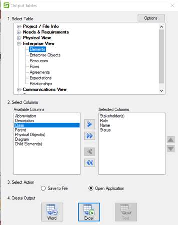 Screenshot of the Output Tables menu in SET-IT with the Elements table highlighted and shows the selected columns as Stakeholder, Role, Name, and Status.